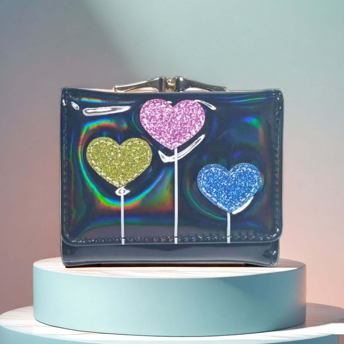 Kids' Holographic Glitter Heart Wallet - Iridescent Clear Mini Purse with Kiss-lock, Cute Colorful Heart Design for Girls, Trendy Small Wallet fo