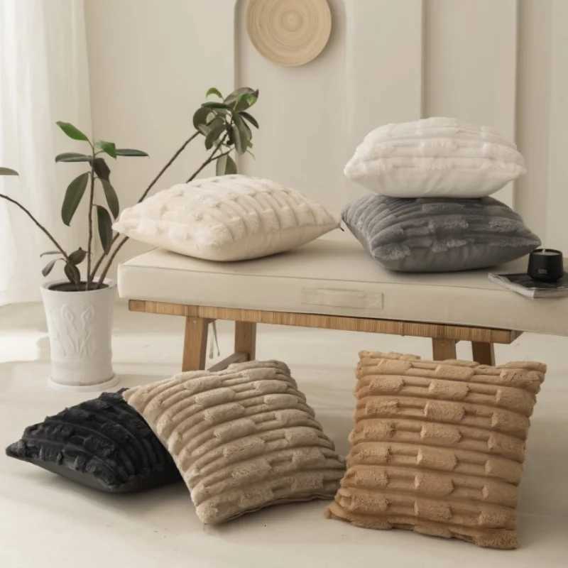Pillow Case Faux Rabbit Fur Square Cushion Cover Big Thick Striped Super Soft Solid Color Cover 45x45cm Sofa Decor Cushion Cover C251028