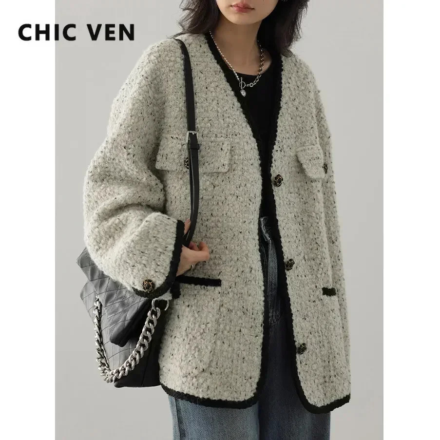 CHIC VEN Fashion Womens Wool Coat Single Breasted Vintage Jacket VNeck Office Lady Overcoat Female Tops Spring Autumn 251023