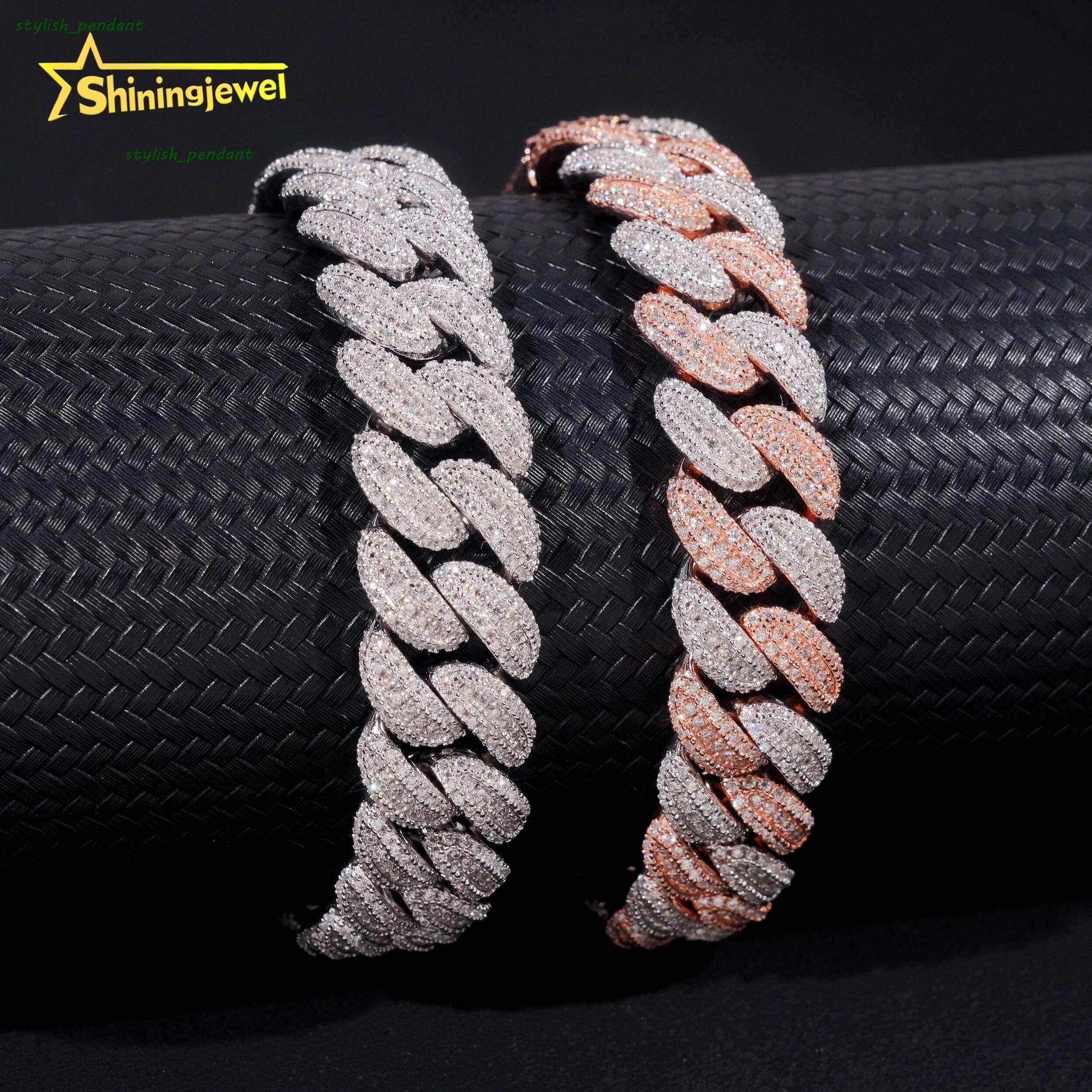 High Quality Iced Out Moon Shape 925 Silver Two Tone Hip Hop 13mm Mens Moissanite Cuban Link Bracelet