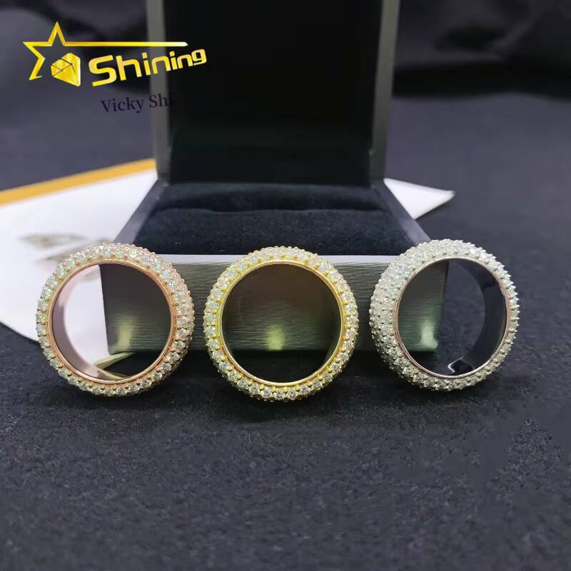 Shining Full of Diamond 5 Rows Moissanite Diamond Ring Men 925 Sterling Silver Gold Plated Hip Hop Ring Finger Rings