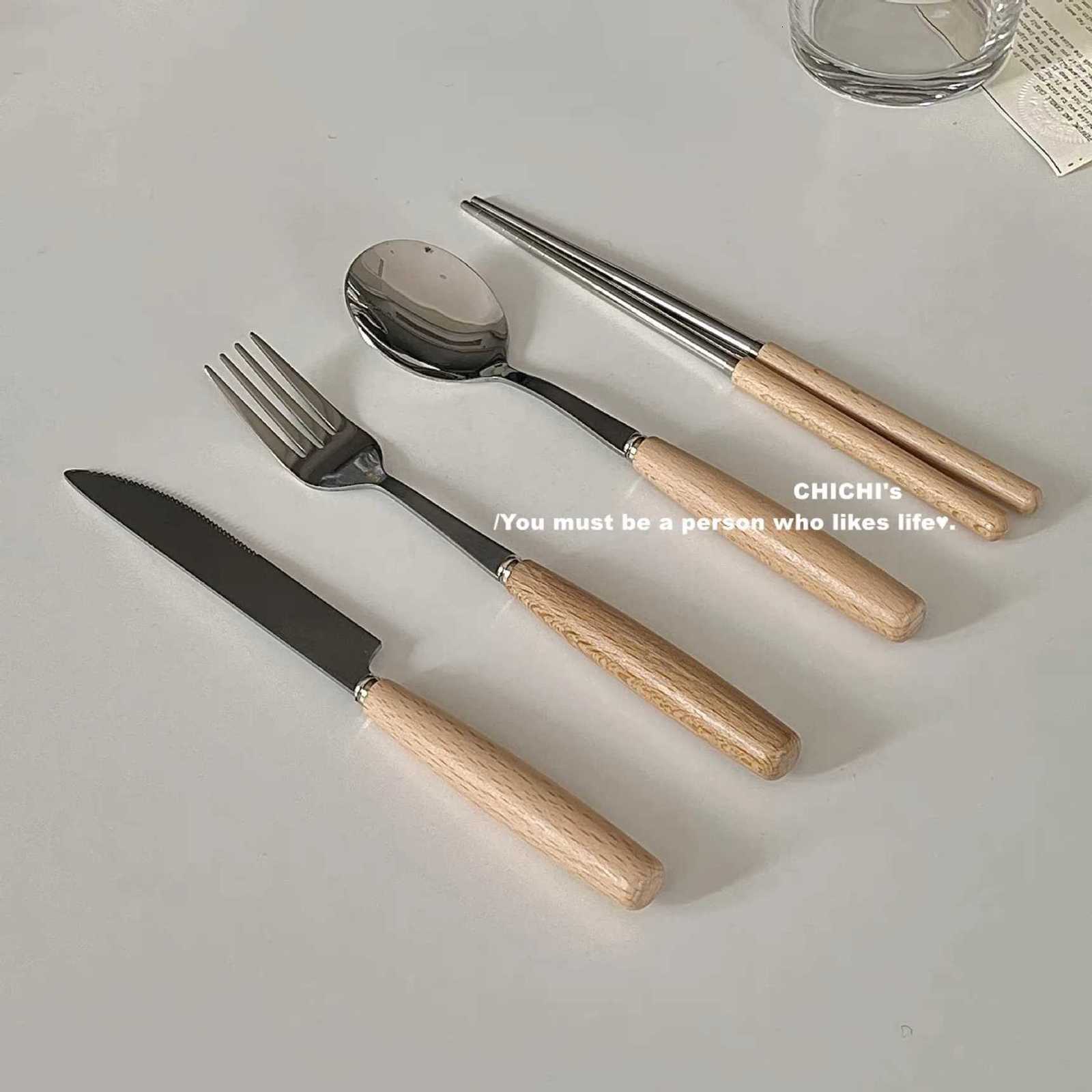 234pcBoxpacked Flatware Sets Stainless Steel Imitation Wood Handle Knife Fork Spoon Mirror Cutlery Chopsticks Kitchen Dinner Y251025