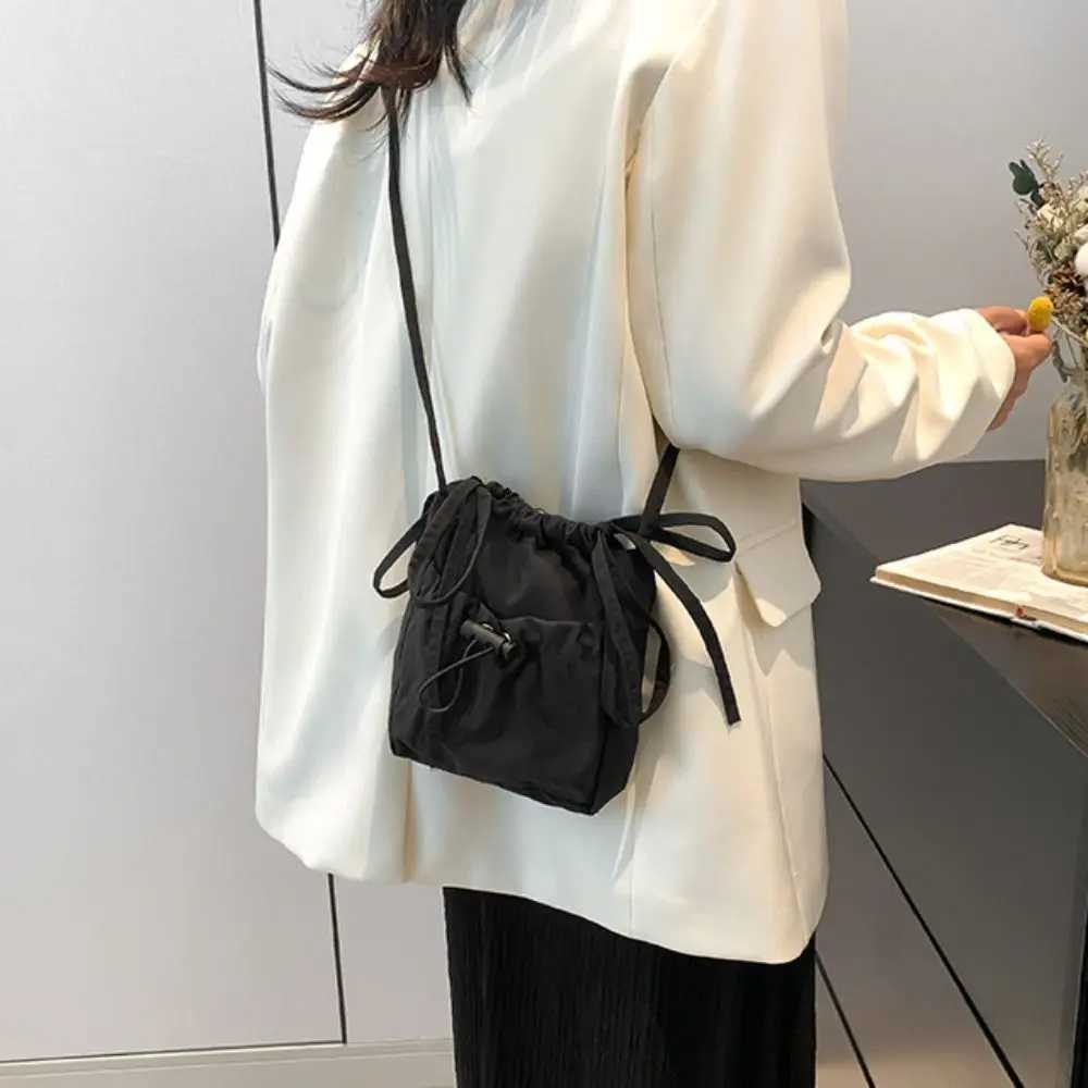 Cute Korean Style Drawstring Canvas Bag Purse Solid Color Nylon Shoulder Bag Wallet Crossbody Bag Mobile Phone Bag OutdoorW251028