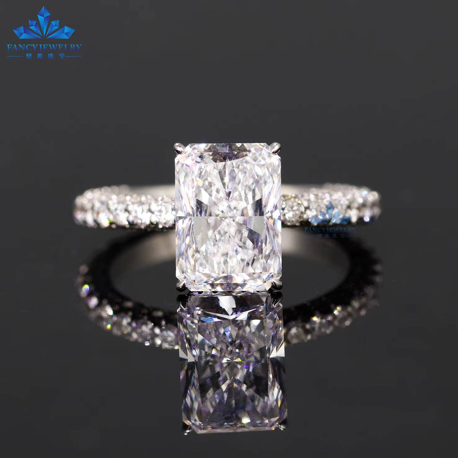 14K 18K Gold Engagement Ring Women Custom Radiant Moissanite 3 Sides Pave Ring with GRA