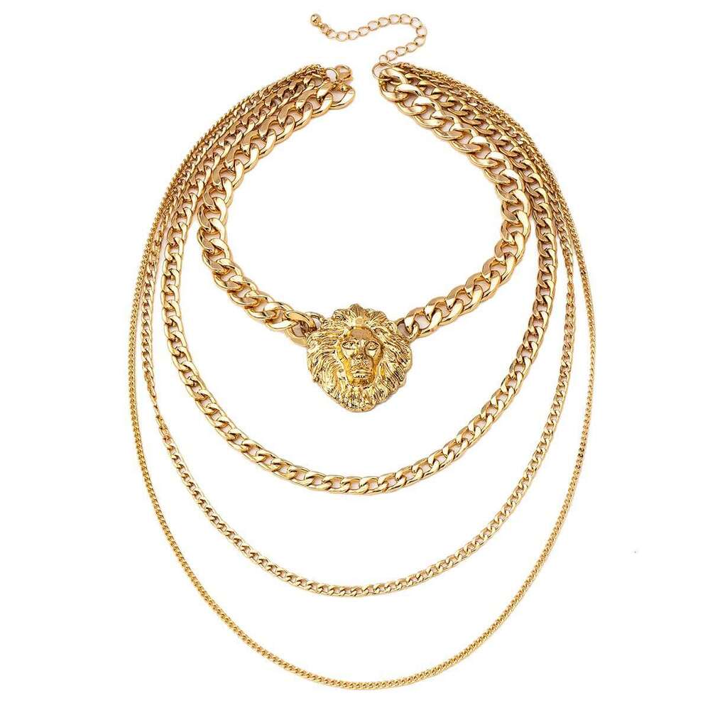 Fashionable Women's Lion Head Hip-Hop Multi-Layer Punk Necklace Suitable for Parties and Music Festivals Without Gift Box