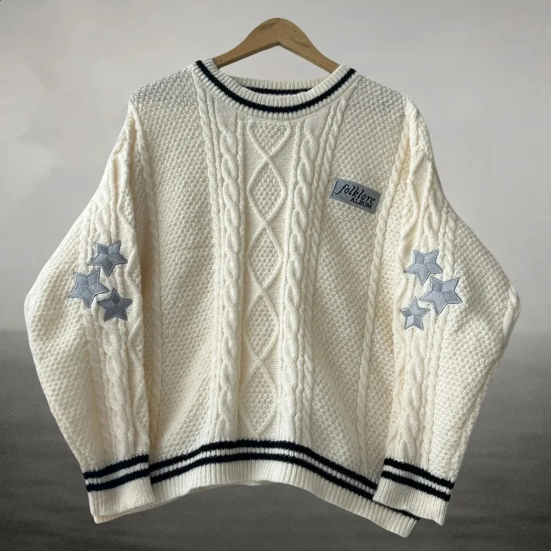 Style Folklore Pullovers Sweater Women Spring Autumn Oneck Star Embroidered Knitted Sweaters Female Letter Patch Jumpers 251027