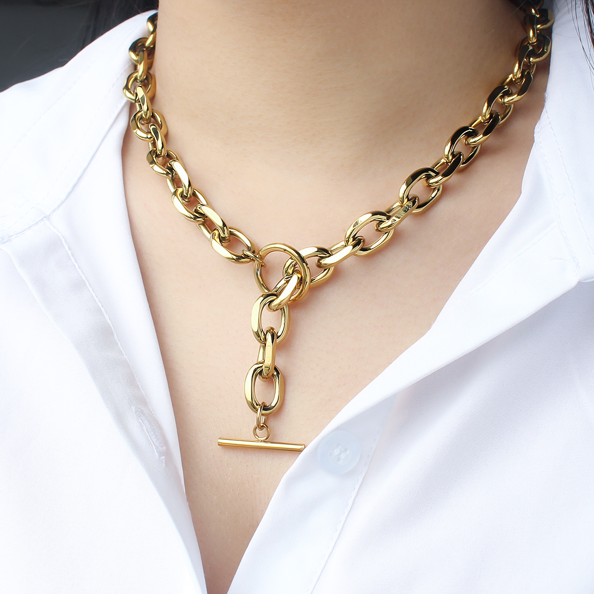 Vintage Women Jewelry Toggle Choker Necklace 18k Gold Plated Stainless Steel Thick Chunky Cuban Link Chain Necklace Women