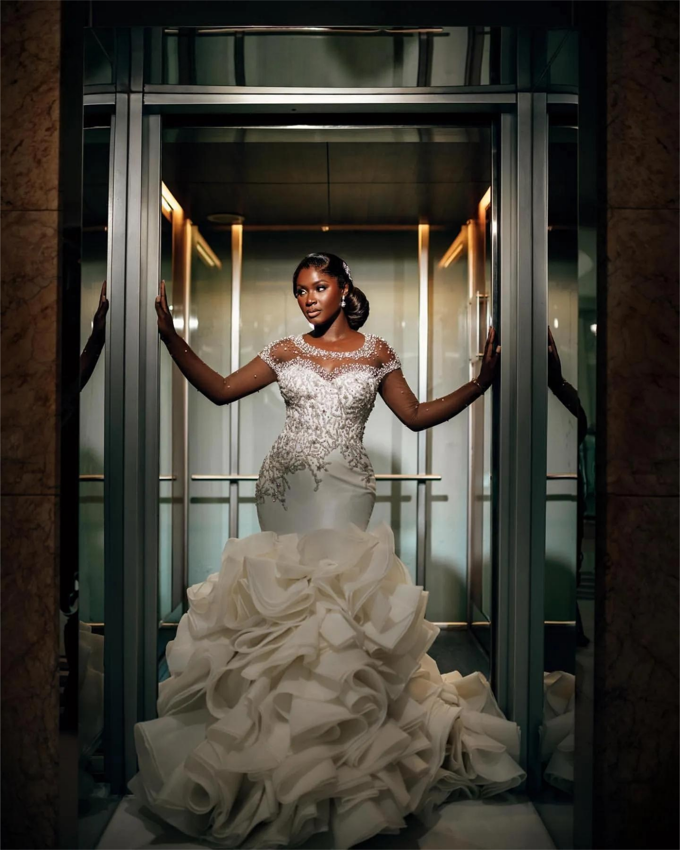 Aso Ebi Mermaid Wedding Dress in Ivory with Beaded Crystals Satin Tiers Luxurious and Sheer Neck