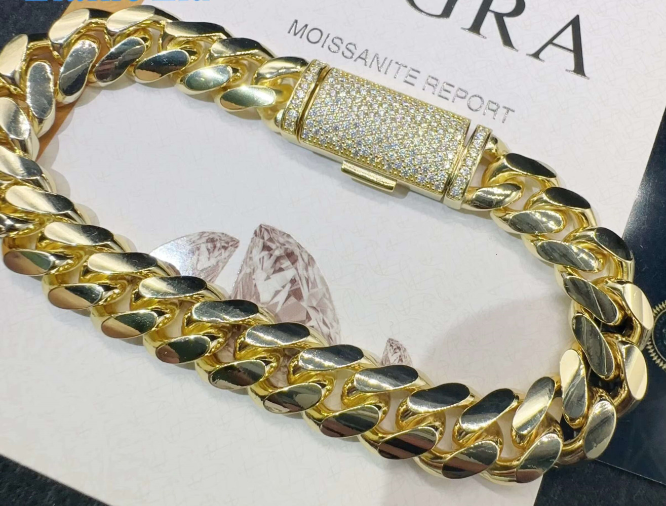 Fashion Sterling Silver 925 VVS Moissanite Lab Diamond Clasp Hip Hop Jewelry 14K Real Gold Plated Cuban Link Chain Bracelet