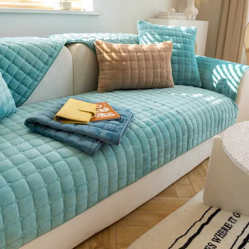 Thickened Flannel Sofa Cushion Simple Plaid Velvet Plush NonSlip Cushion Leather Dustproof Living Room Sofa Cover Armrest Towel C251028