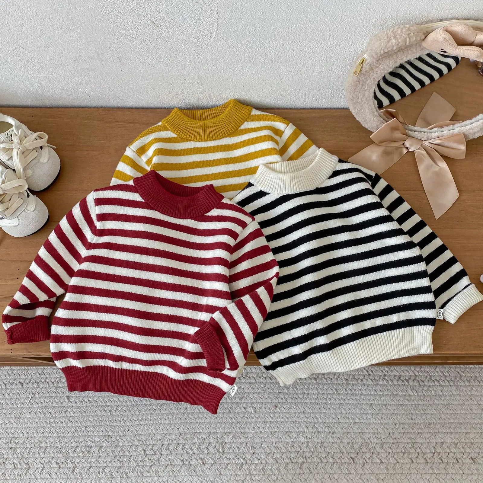 05Y Children Clothes Striped Sweater Korean Thickened Knit Pullover Toddler Inner Wear Winter Warm Jumper for Boys Girls 251027