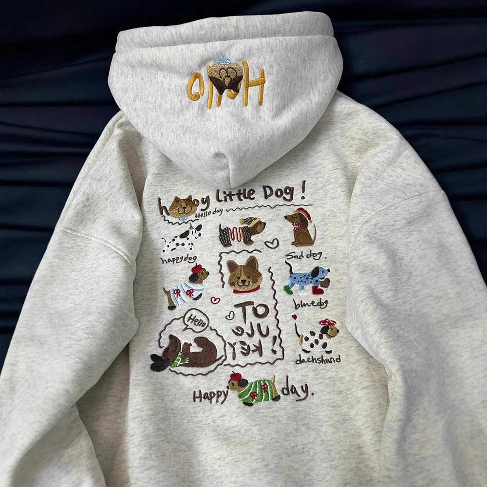 Sanrio French cute dachshund puppy print hooded sweater womens autumn and winter plus velvet high sense niche casual loose coat L251028