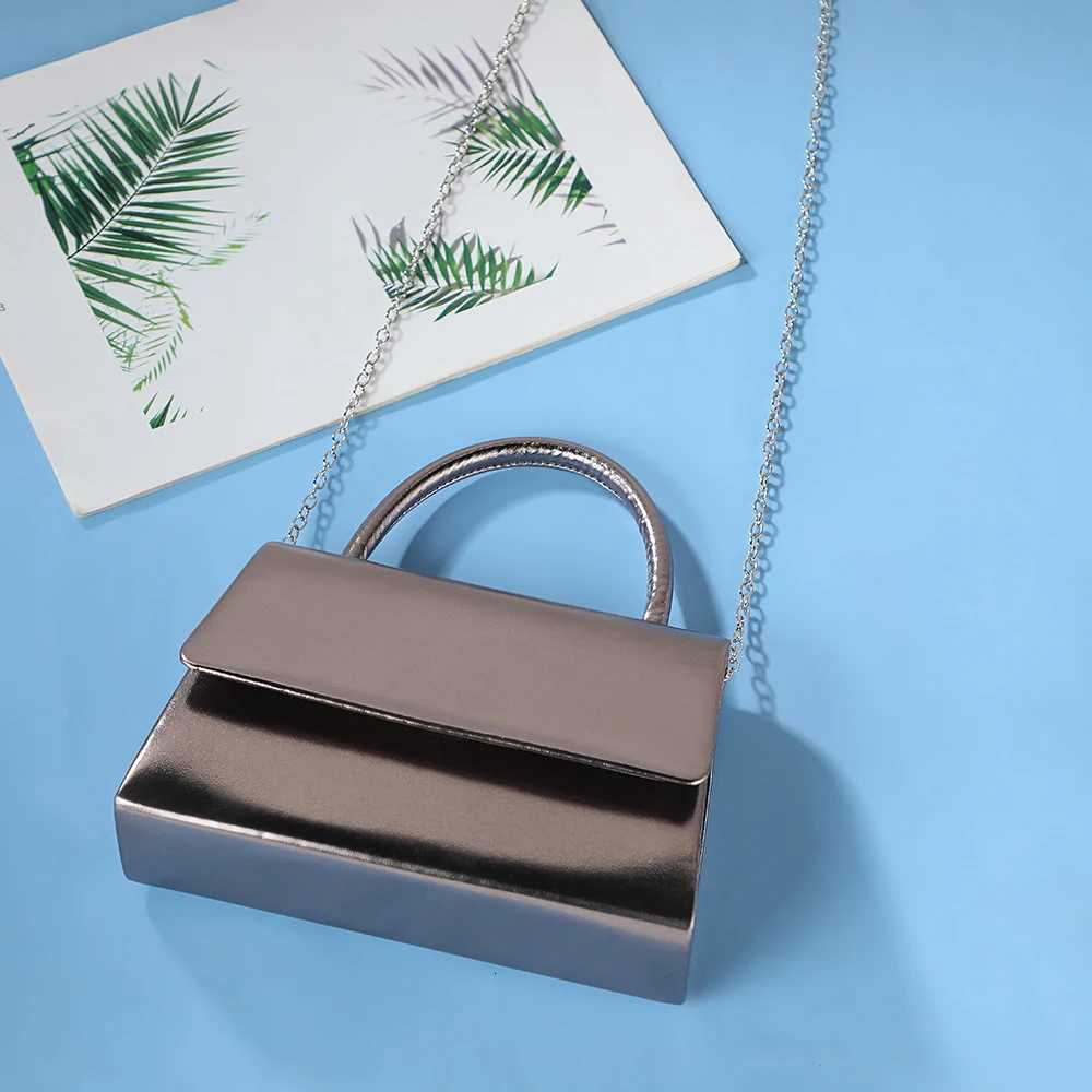 Gun Gray Leather Dinner Bag with Metal Chain Shoulder Strap for Banquet Party Travel Outing Small Items Storage H251027