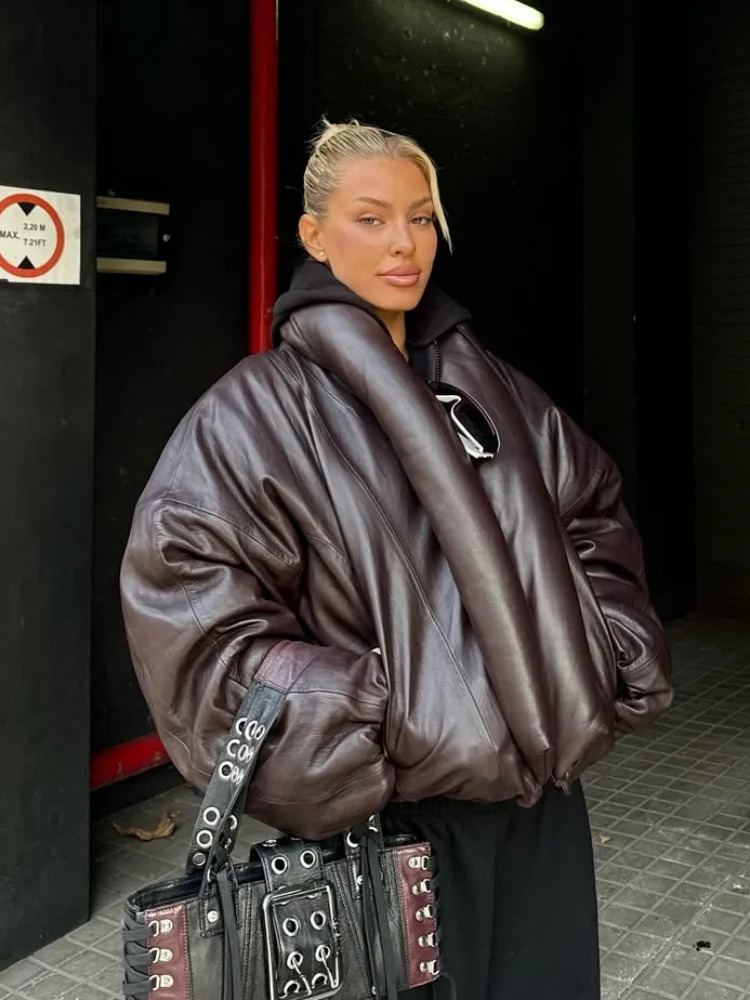 Warm VNeck Thick Leather Short Jacket Woman Long Sleeves Loose Versatile Coats Casual Street Womens Autumn Winter Jackets 251027