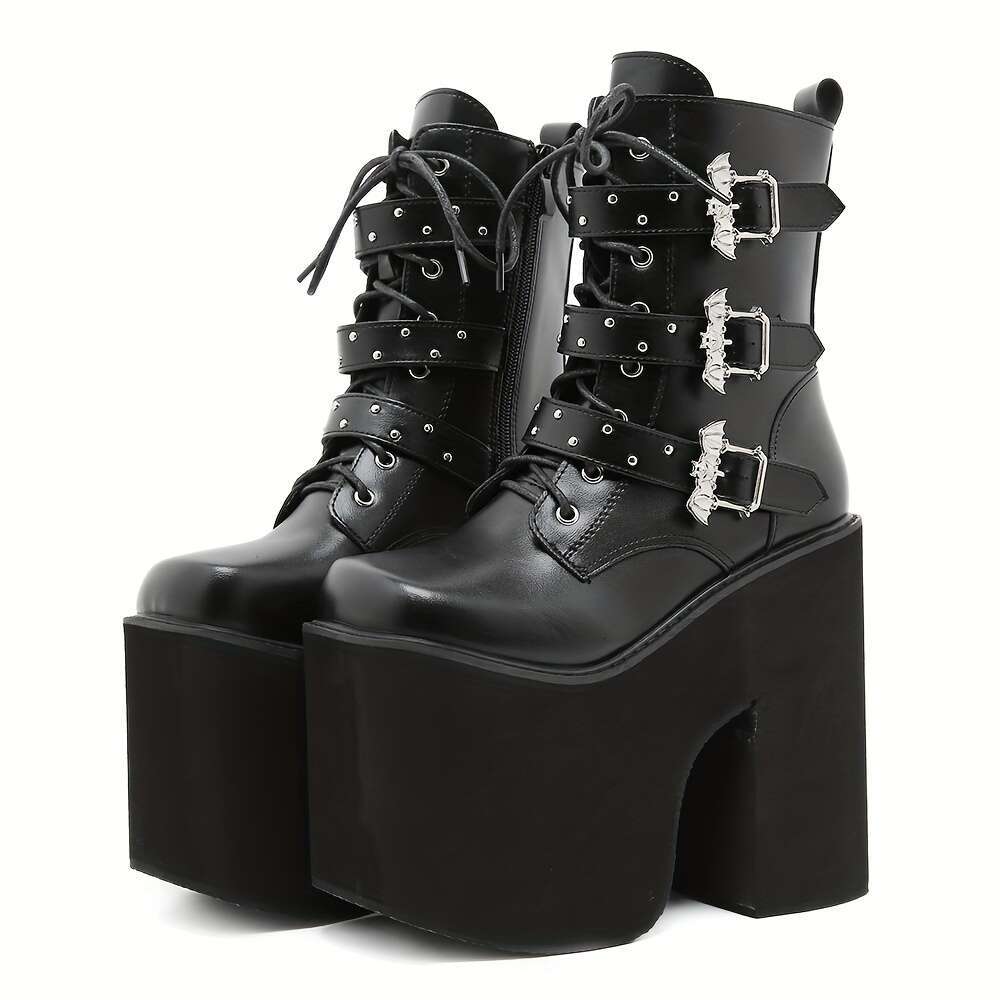 Women's Mid-Calf Platform Boots, Punk Style Solid Color, With Buckle Detail, Side Zipper, And Lace-Up Front, Flannel Lined, Rubber Sole, Hand Was