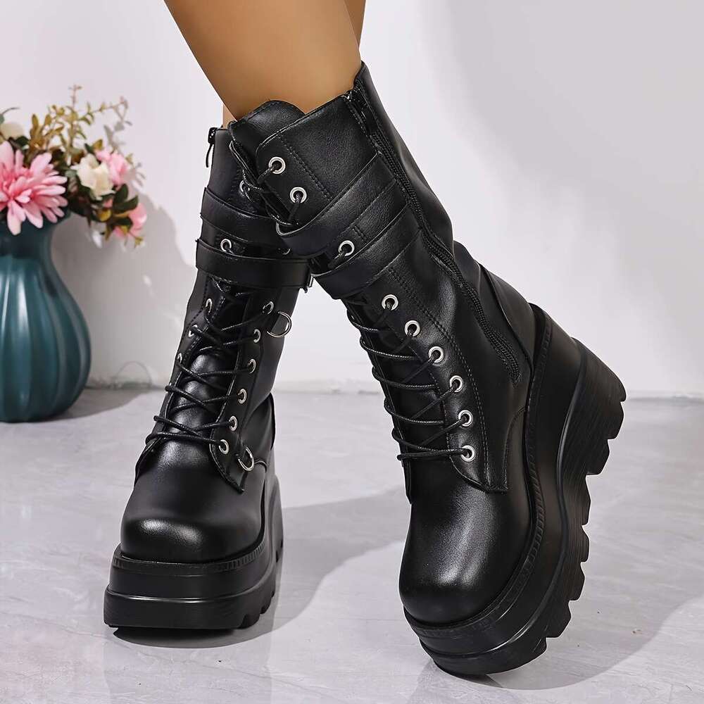 Women's Combat Riding Platform Knee High Boots, Lace Up Fall Lug Sole Gothic Motorcycle Boots With Inside Zipper