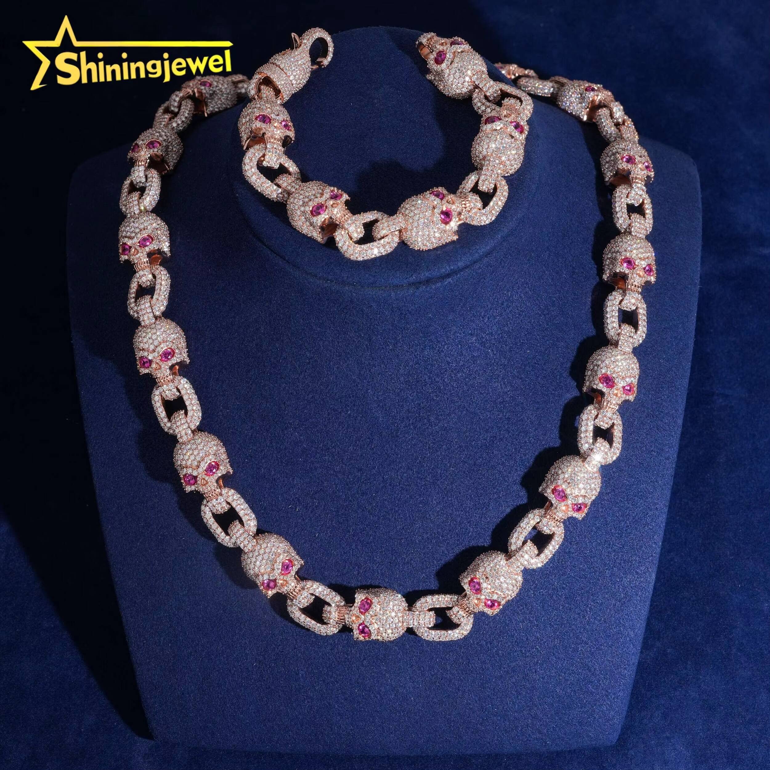 Fine Jewelry Iced Out 925 Silver Rose Gold Pink Skull Chain Hip Hop VVS Moissanite Necklace