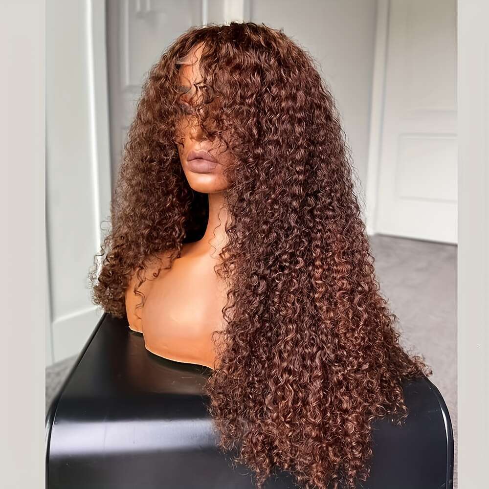 26-Inch Dark Front Wig With Bangs Soft Preplucked Synthetic Fiber Glueless Daily Wear Full Head Wig, 180 Density Heat-Resistant Natural Brown Base, Co