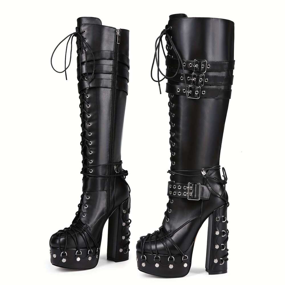Chic Black Block Heel Knee-High Boots For Women - Fashionable Lace-Up With Side Zipper, Rubber Sole & Plush Lining