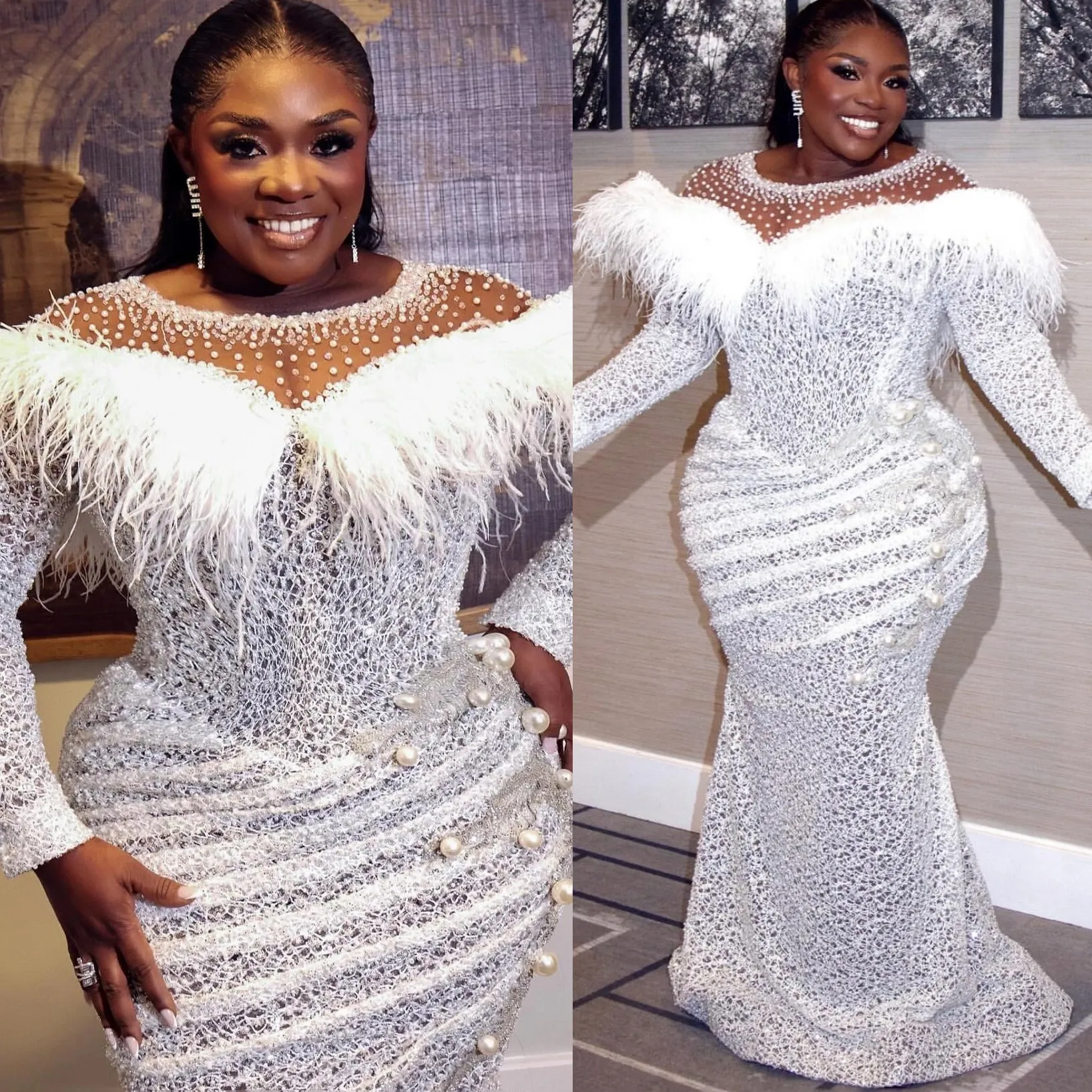 Aso Ebi Arabic Plus Size Bridal Gown in White with Pearls Feather Lace Vintage Elegant and Sheer Neck