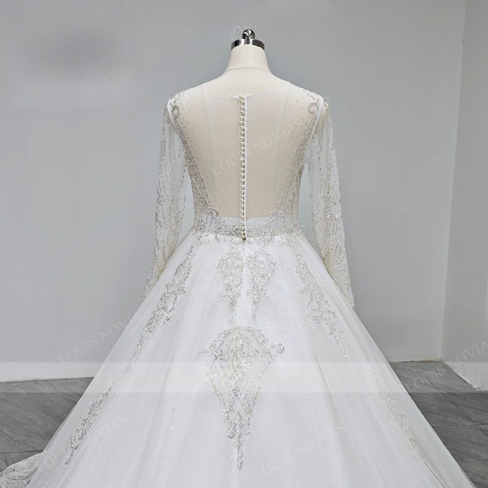 Luxury New Long Sleeve A-Line Wedding Dresses Sweep Train 3D-Floral Appliques V-neck Bridal Gowns Custom Made Color/Size
