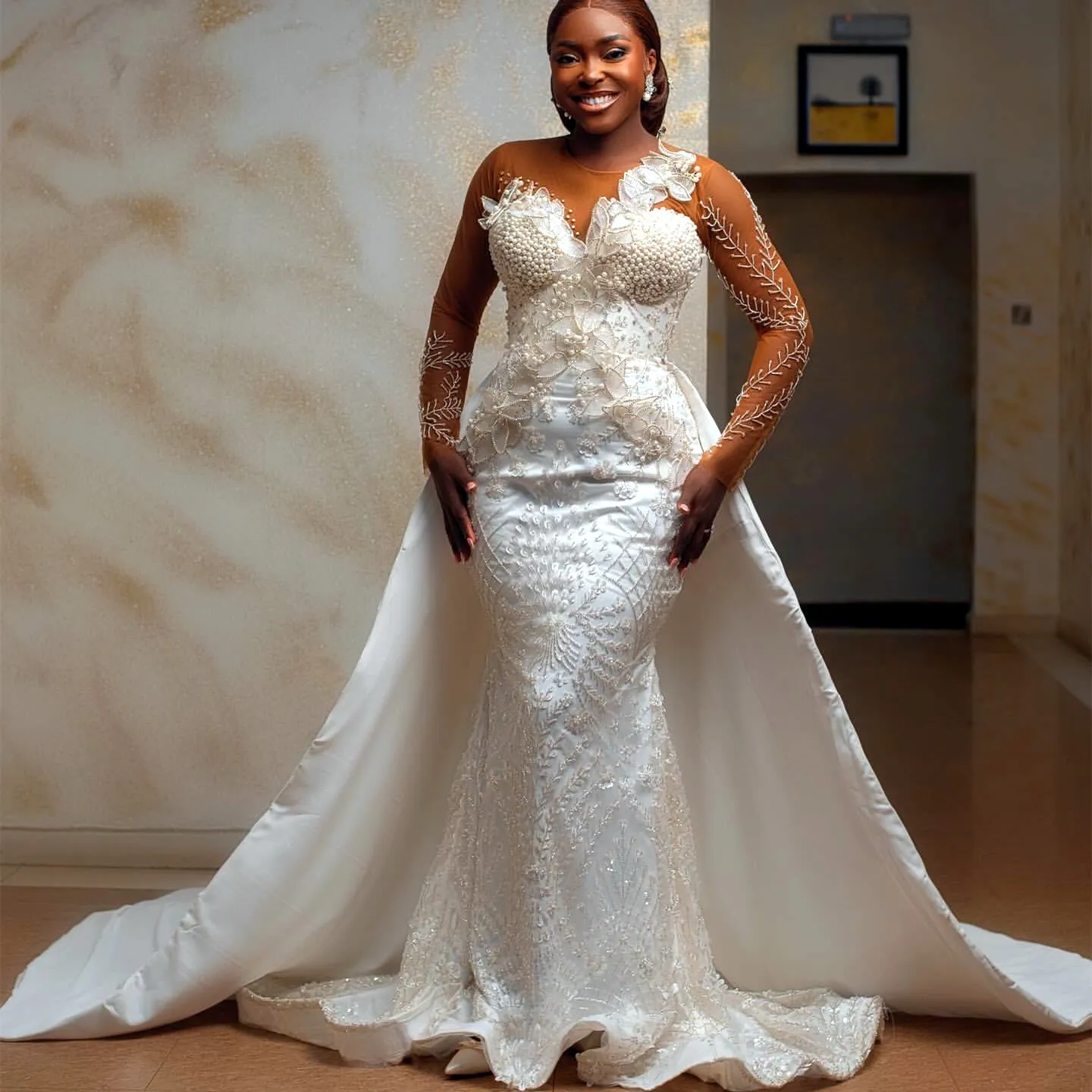 Arabic Aso Ebi Plus Size Mermaid Wedding Dress in Ivory with Full Lace Florals Pearls Beaded and Vintage Style
