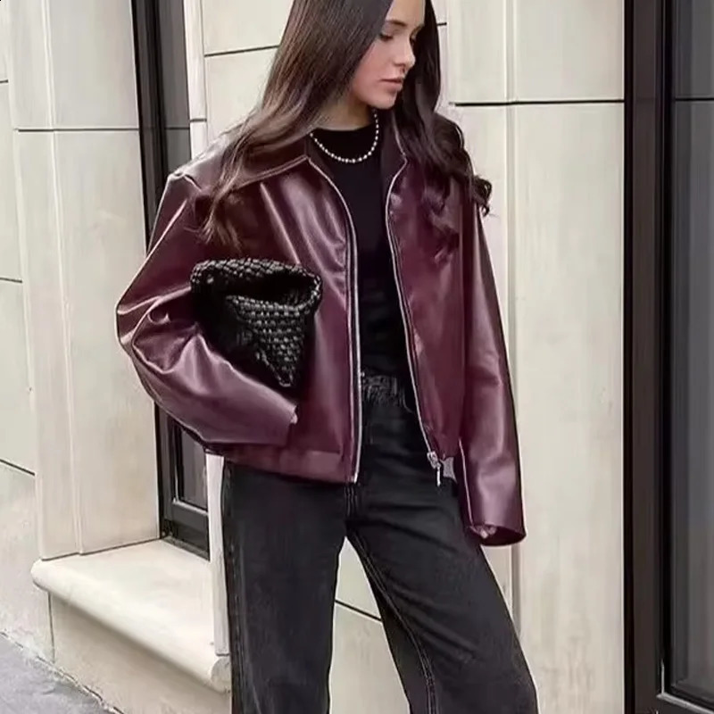 Autumn Women American Style Vintage Solid Bordeaux Red Short Jacket Womens Zipper Long Sleeve Chic Leather Jacket 251027