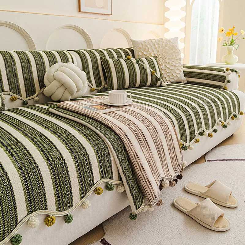 Stripe Chenier Sofa Cushion with Fur Balls Irregular AntiSlip Sofa Cover for Living Room Cozy WearResistant Couch Slipcover C251028