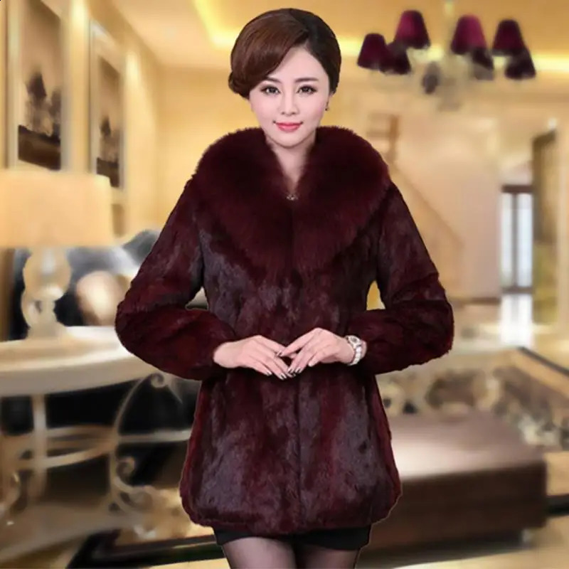 women winter long style 100 rabbit fur coat with fox fur collar Warm thick rabbit fur jacket Female fur coat 251027