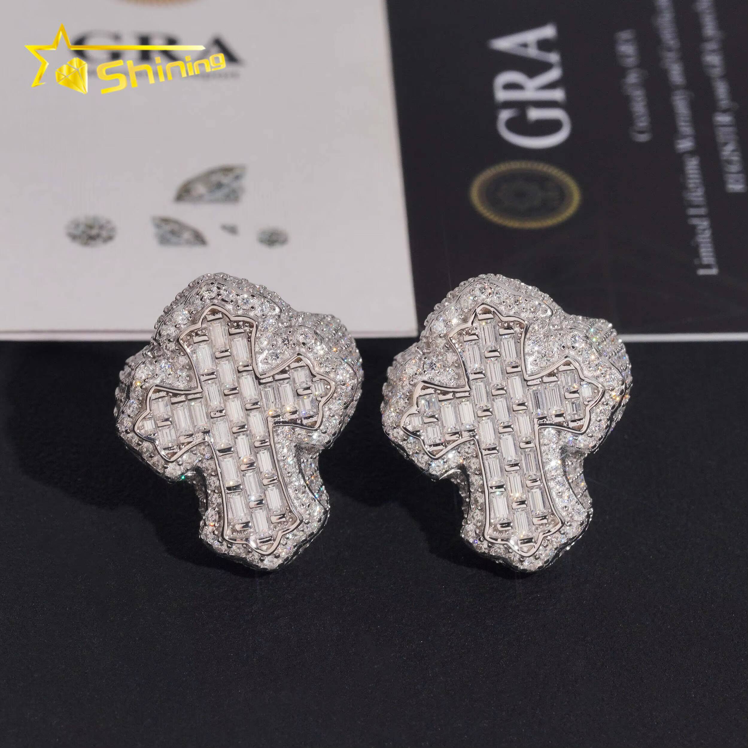 Hot Selling Moissanite Mens Ring USA Local Stock Shipping 925 Silver Baguette Moissanite Cross Ring GRA Certificated