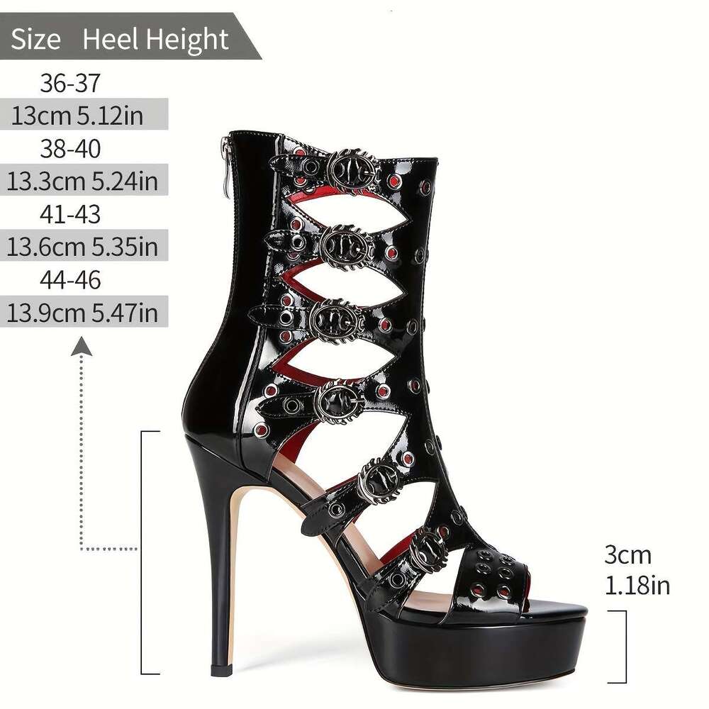 Women's Ultra-High Stiletto Heels Sexy Open-Toe Roman Gladiator Sandals With Zipper Closure, Pointed Toe Chunky Platform Heel - Elegant & Red Acc