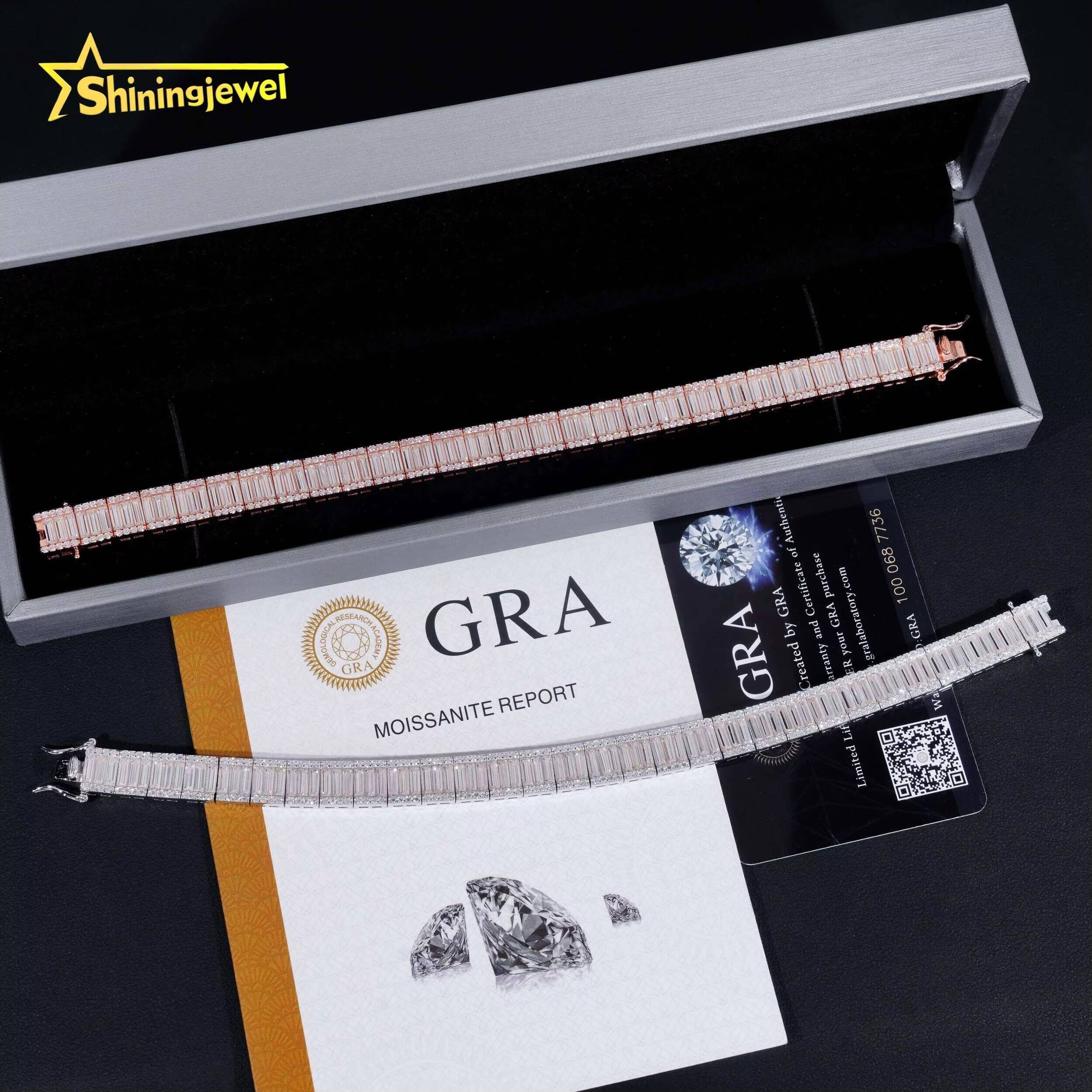 Luxury Jewelry Hip Hop Style 925 Sterling Silver 9mm Width Baguette Diamond Moissanite Tennis Bracelet