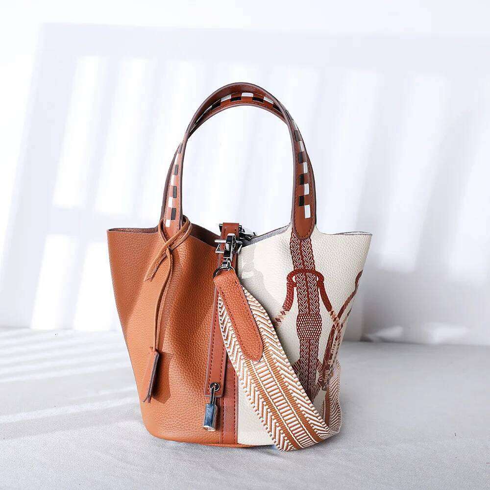 and Handbags for Women, Painted Vegetable Basket, Handbag with Adjustable Shoulder Strap, Genuine Leather Bucket Bag