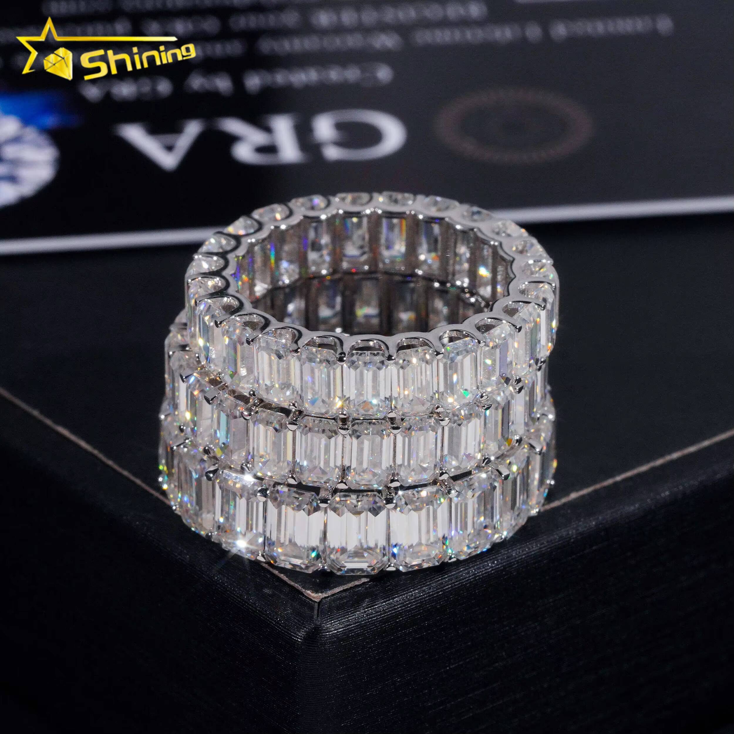 Classic Pass Tester Hip Hop Fine Jewelry 925 Sterling Silver Fully Iced Eternity Emerald Cut Band Ring Moissanite Iced Out Ring