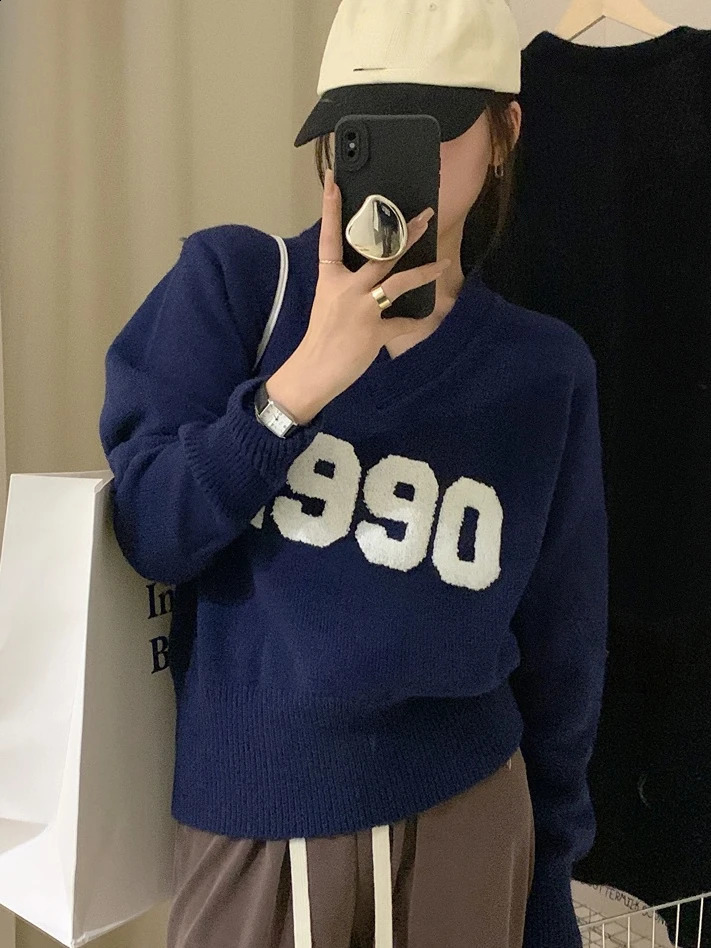 Autumn Y2k Aesthetic Harajuku Letter Patchwork Pullovers Womens Casual Sweater Sweet Vintage Grunge Crop Tops V Neck Streetwear 251027