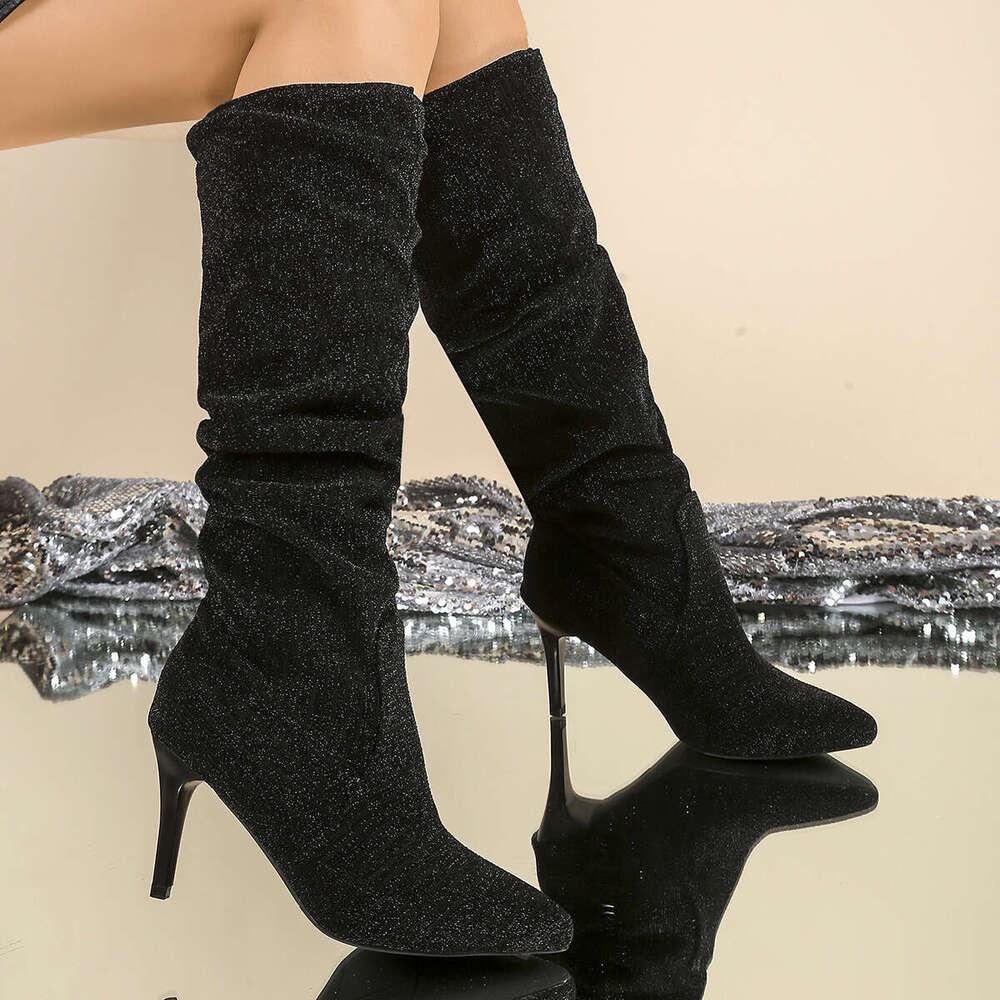 Women's Slip-On Pointed Toe Knee-High Boots - Faux Cover Upper, Soft Fabric Lining Rubber Sole, Black Solid Color For Casual & Ocns, High Heel Bo