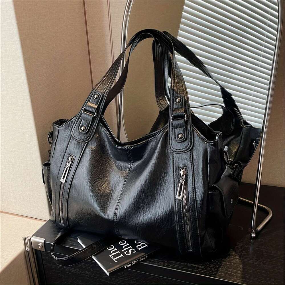 2025 New Women Large Capacity Tote Bag With Adjustable Strap, Multiple Zippered Compartments Front Pocket Brown, Versatile Commuter