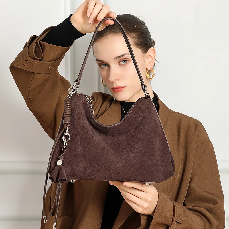 Burminsa Cowhide Suede Genuine Leather Hobo Shoulder Bags For Women 2025 Crescent Tote Crossbody Ladies Handbags 251018