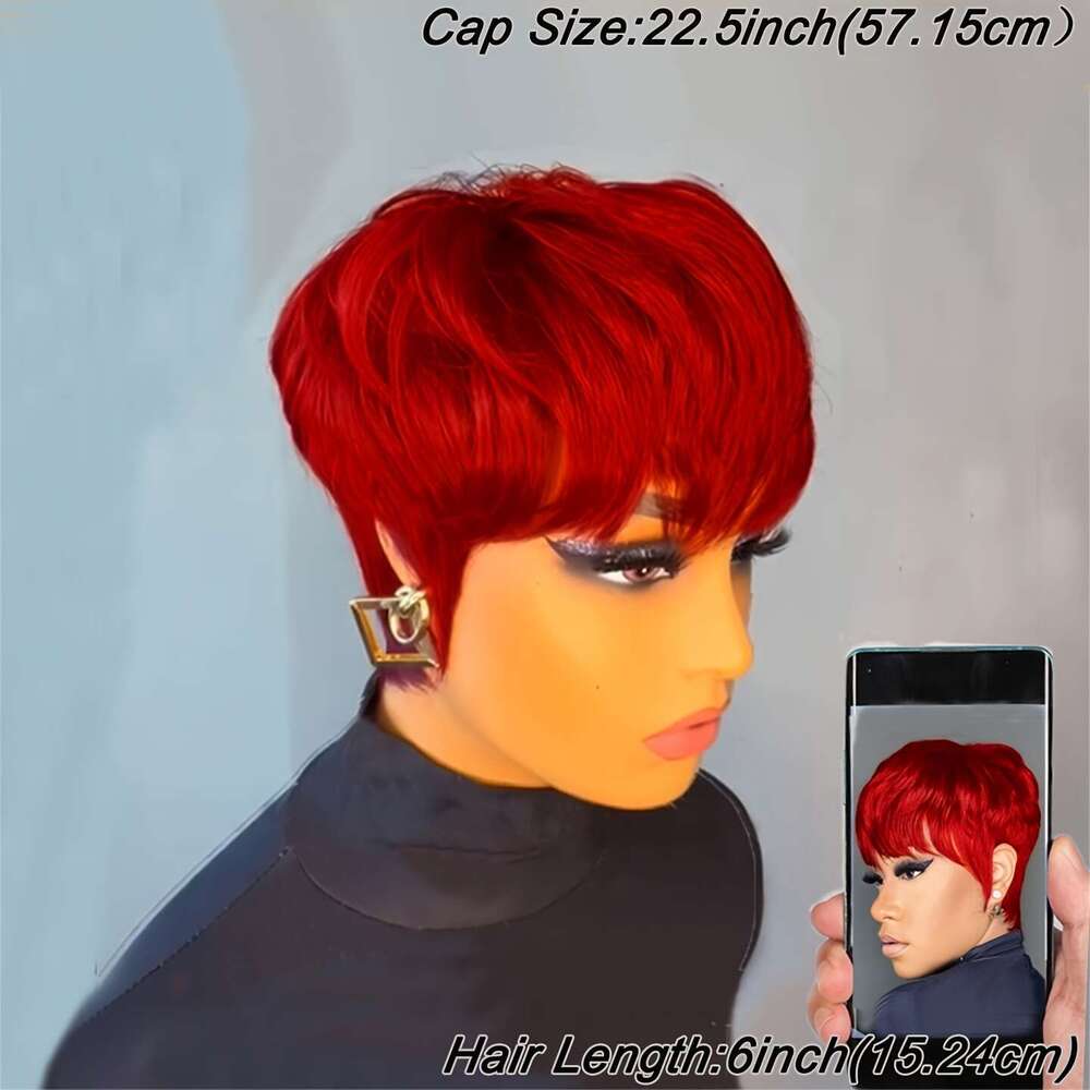 Women's 6-Inch Straight Human Hair Wig With Layered Bangs - Bright Ruby Red Pixie Cut, Density Rose Net Cap, Natural Look For Cosplay & Everyday 