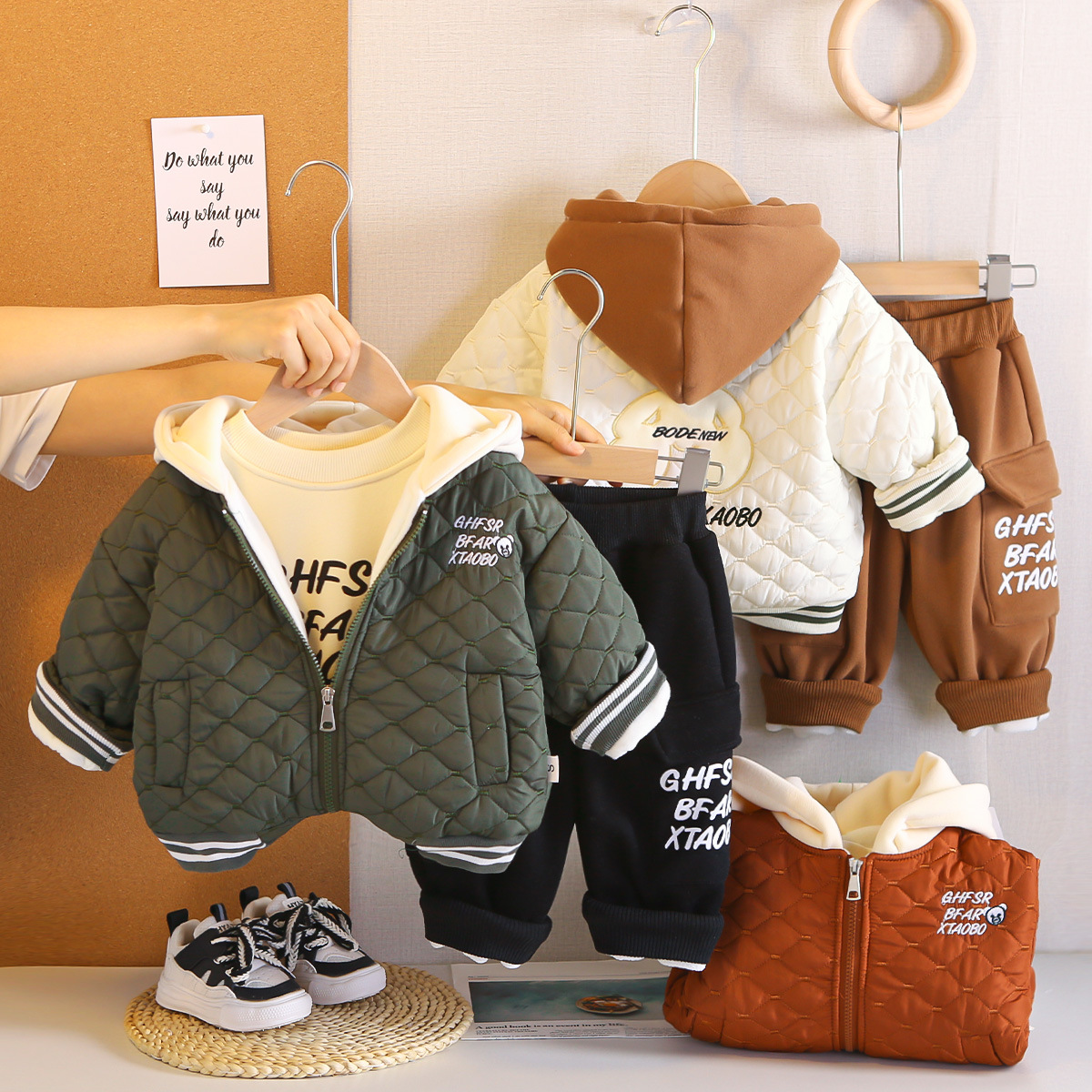 Kids Clothing 2025 Boys Winter Fleece-Lined 3-Piece Set, English Bear Print Overalls Outfit, Warm Thermal Clothing for Baby Boy & Toddler Free Shippin