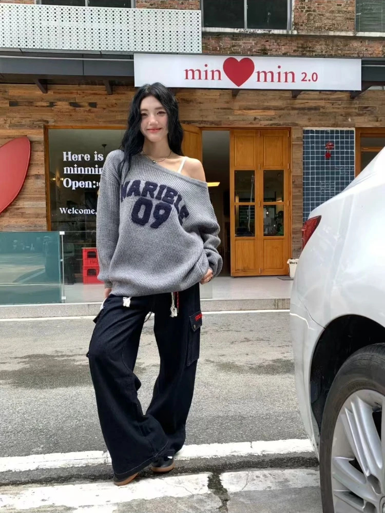 Y2k Retro American Letter Graphic Knit Sweaters Women Skew Collar Streetwear Hoody Harajuku Oversized Long Sleeve Tops Pullovers 251027