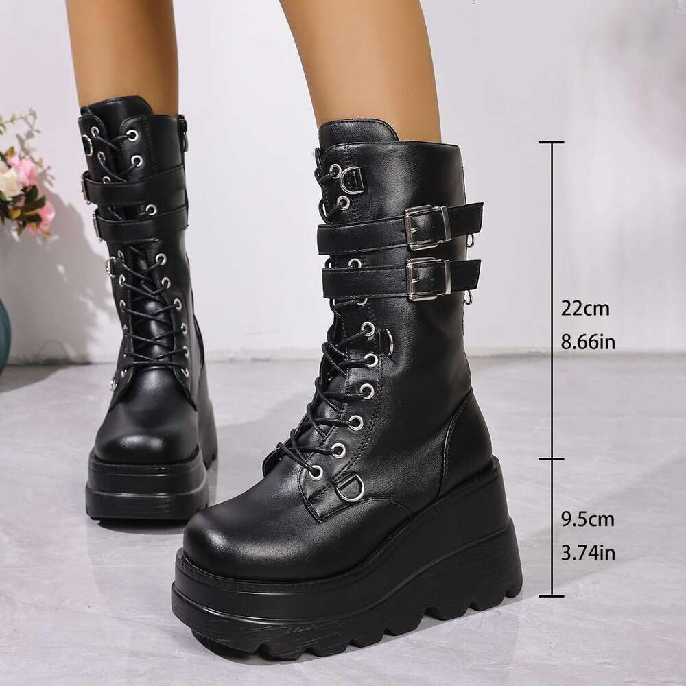 Women's Combat Riding Platform Knee High Boots, Lace Up Fall Lug Sole Gothic Motorcycle Boots With Inside Zipper