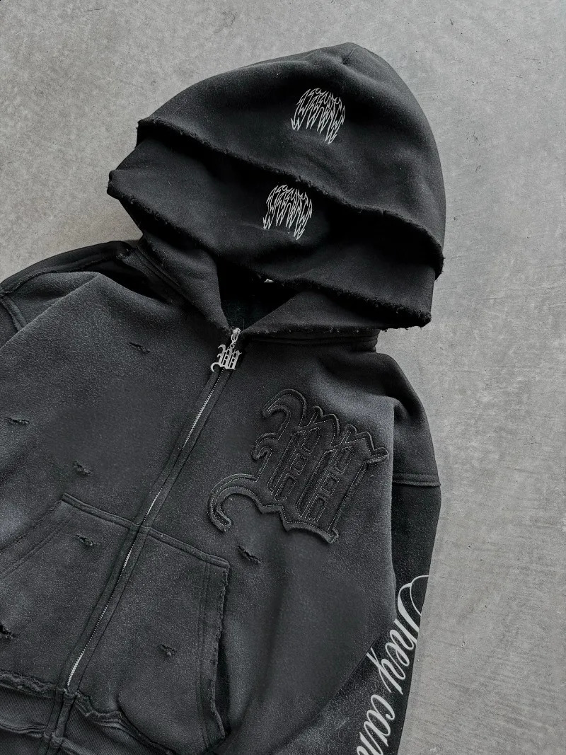 High street retro perforated embroidery American style Casual couple set Harajuku punk loose hooded sweatshirt 251027