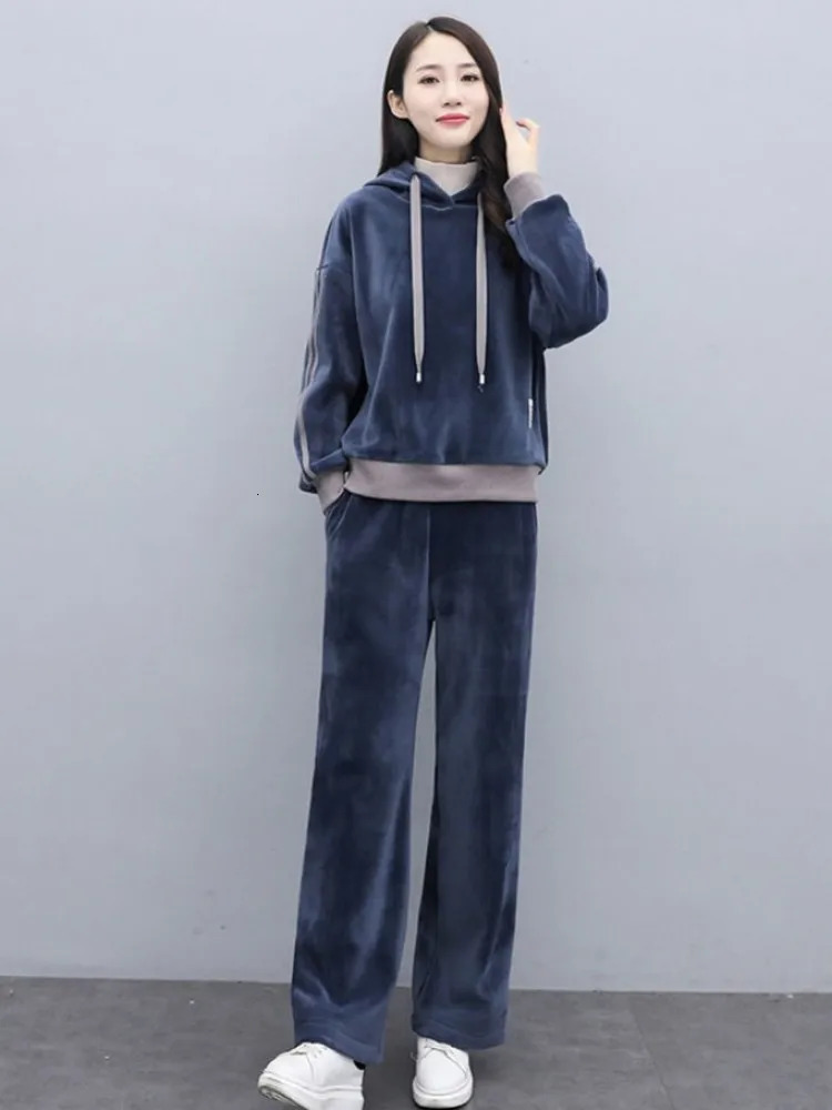 Winter Fleece Lining Thicken Warm Women Velvet Tracksuit Pullover Hooded Sweatshirt Straight Pants Running Sports Two Piece Set 251027