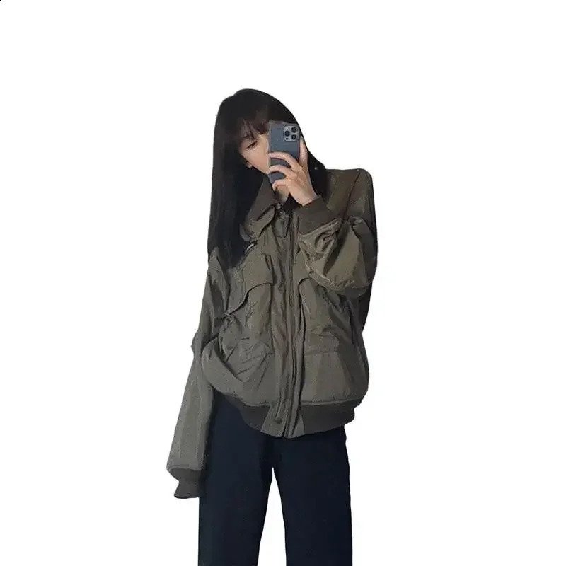 Retro Baseball Jacket Womens Autumn Casual Versatile Flight Suit Top Forest Green Fashionable Outerwear Female Denim 251015