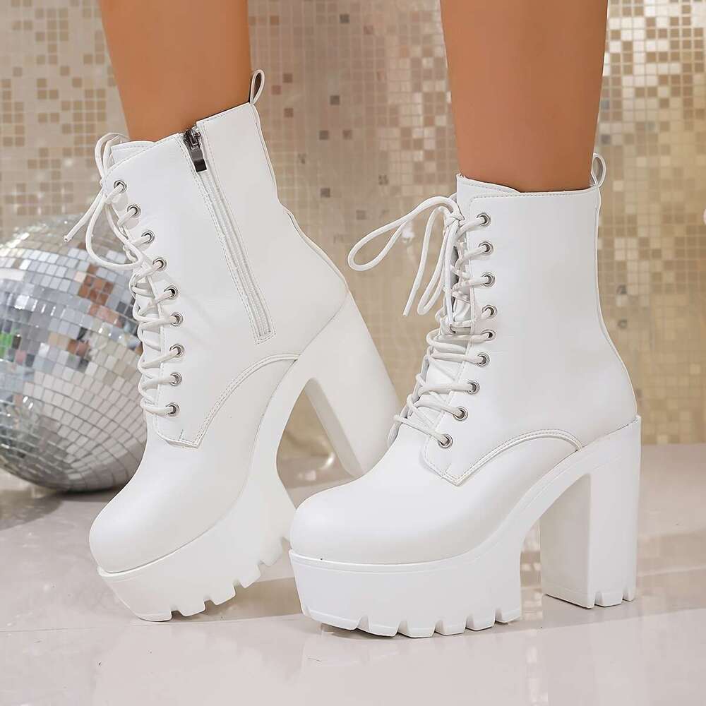 Women's Chunky Platform All-Season Lace-Up Side Zipper Closure, Cushioned Insole & Non-Slip Rubber Sole Elegant White Boots For Parties, Travel, 