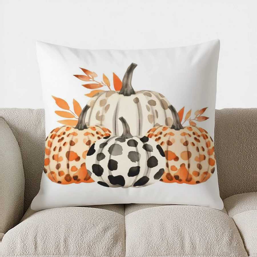 Pillow Case Home Decor Pumpkins with Spots and Autumn Leaves Pattern Cushion Cover Suitable for Sofa Bedroom Car Cover C251028