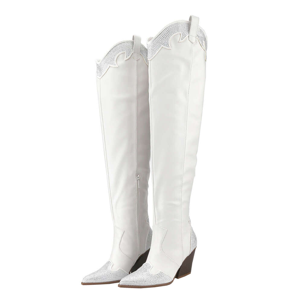 Comfortable Women's Rhinestone Long Boots Western Cowboy Style With Chunky Mid Heel And Pointed Toe