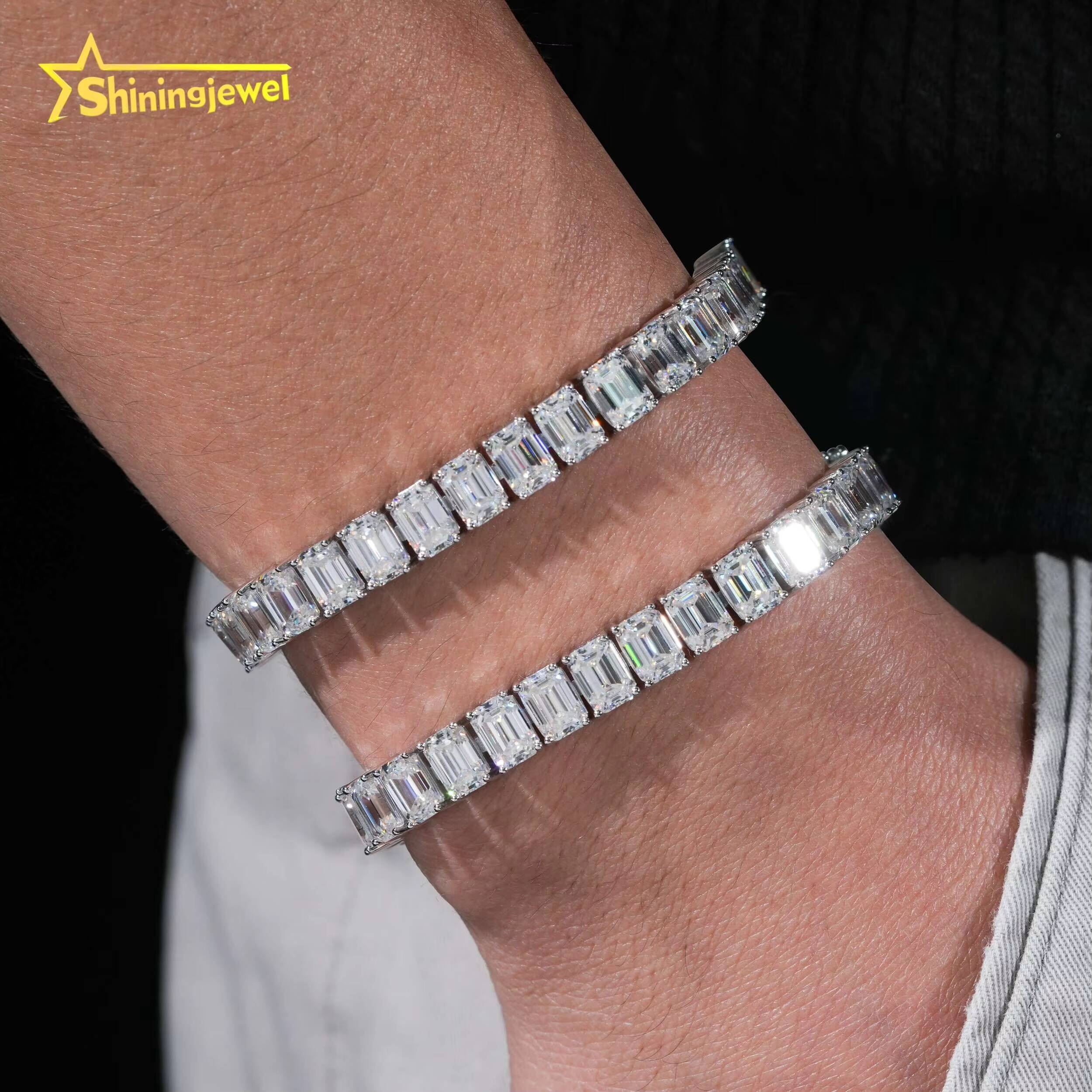 Luxury Fashion Fine Jewelry GRA Certificate 925 Silver Emerald Cut 57mm Moissanite Diamond Tennis Chain Bracelet