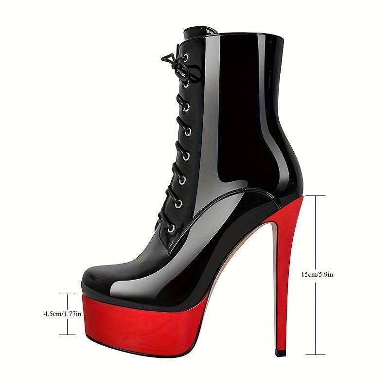 Women's Black Faux Cover High Heel Ankle With Side Zipper, Red Sole Lace-Up Detail - Stylish Platform Short Boots For Parties & Events